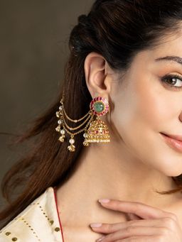 Joules By Radhika - Harsini Earrings with Ear Chain - Green