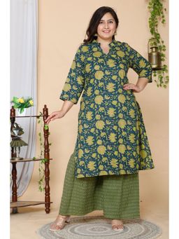Miravan - Womens Plus Size Green Floral Pure Cotton Kurta with Sharara (Set of 2)