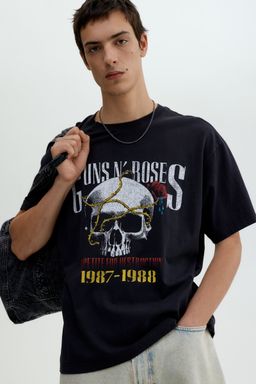H&M - Men Black Loose Fit Vintage-Look Printed T-Shirt
