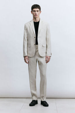 H&M - Men Beige Slim Fit Linen Suit Trousers