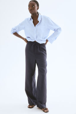 H&M - Women Blue Linen-Blend Trousers