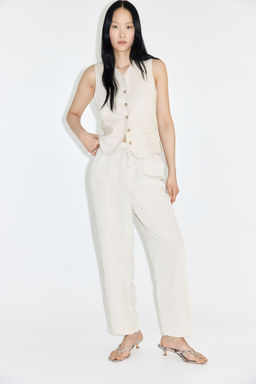 H&M - Women Beige Linen-Blend Drawstring Trousers