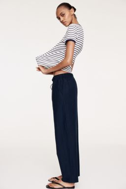 H&M - Women Blue Linen-Blend Drawstring Trousers