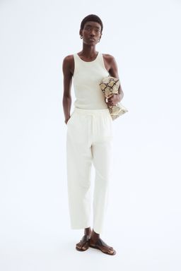 H&M - Women White Linen-Blend Drawstring Trousers