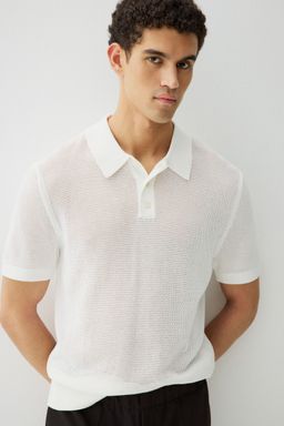 H&M - Men White Regular Fit Hole-Knit Polo Shirt