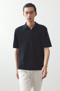 H&M - Men Blue Regular Fit Fine-Knit Polo Shirt