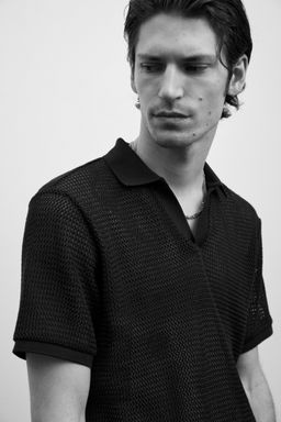 H&M - Men Black Regular Fit Hole-Knit Polo Shirt
