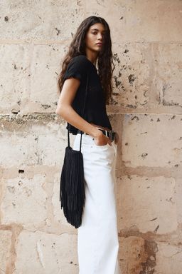 H&M - Women Black Frill-Trimmed Pointelle-Knit Top