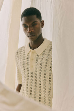 H&M - Men White Regular Fit Pointelle-Knit Polo Shirt