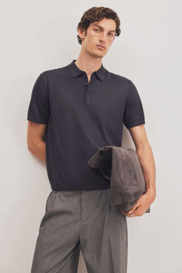 H&M - Men Blue Regular Fit Fine-Knit Polo Shirt