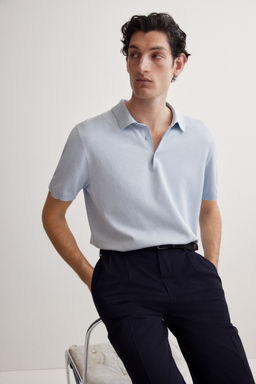 H&M - Men Blue Regular Fit Fine-Knit Polo Shirt