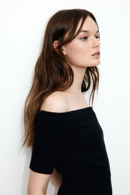 H&M - Women Black Rib-Knit Off-The-Shoulder Top