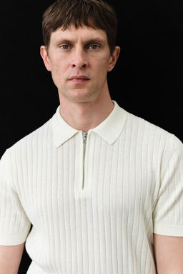 H&M - Men White Slim Fit Rib-Knit Polo Shirt