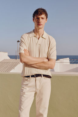 H&M - Men White Regular Fit Linen-Blend Polo Shirt