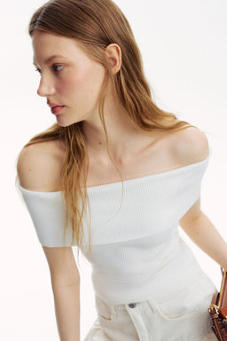 H&M - Women White Rib-Knit Off-The-Shoulder Top