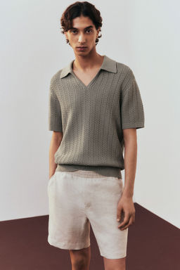 H&M - Men Green Regular Fit Textu-Knit Polo Shirt