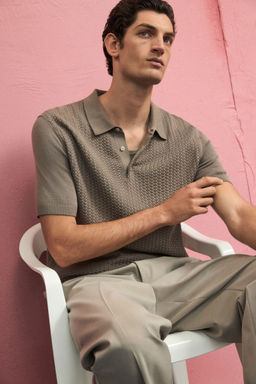 H&M - Men Beige Slim Fit Cable-Knit Polo Shirt