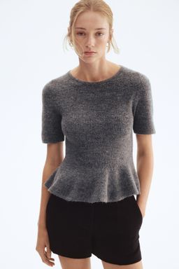 H&M - Women Grey Rib-Knit Peplum Top