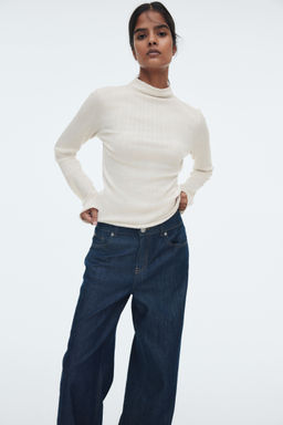H&M - Women Beige Ribbed Turtleneck Top
