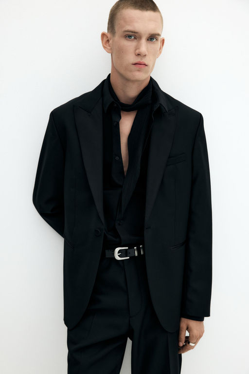 H&M Men Black Slim Fit Wool-Blend Tuxedo Jacket
