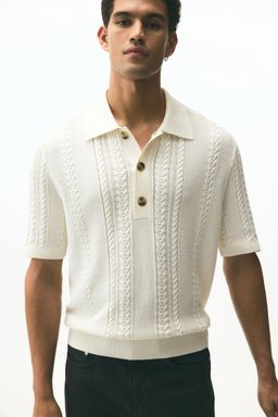 H&M - Men White Regular Fit Cable-Knit Polo Shirt