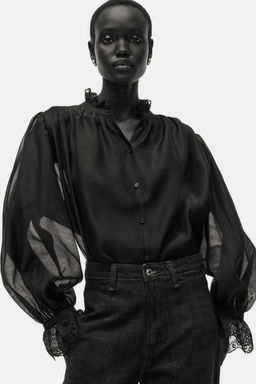 H&M - Women Black Broderie Anglaise-Detail Blouse