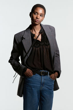 H&M - Women Black Sheer Lace-Detail Blouse