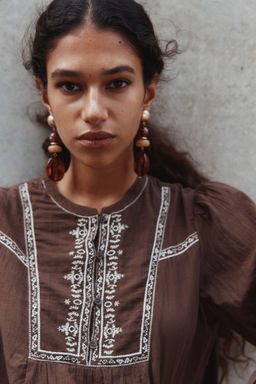 H&M - Women Brown Embroide Cotton Blouse