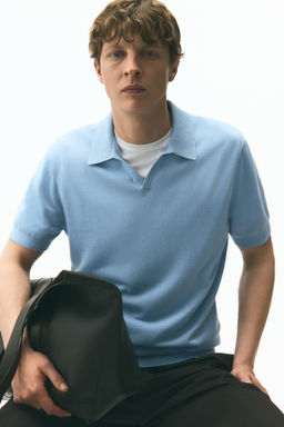 H&M - Men Blue Regular Fit Lyocell-Blend Polo Shirt