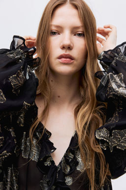 H&M - Women Black Jacquard-Weave Blouse