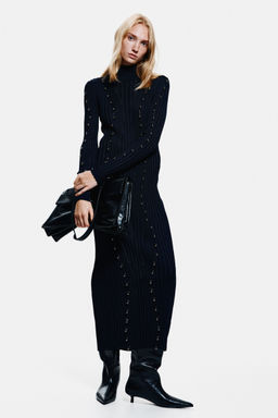 H&M - Women Blue Bead-Embellished Rib-Knit Dress