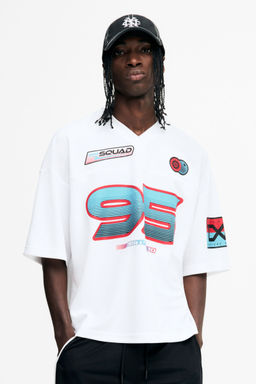 H&M - Men White Oversized Fit Printed Mesh T-Shirt