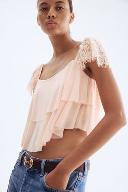 H&M - Women Orange Lace-Sleeved Top