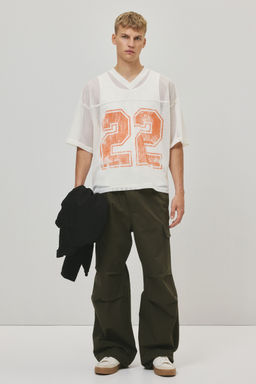 H&M - Men White Oversized Fit Printed Mesh T-Shirt