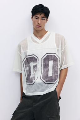 H&M - Men White Oversized Fit Printed Mesh T-Shirt