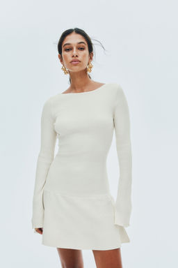 H&M - Women White Ribbed Fla-Skirt Dress
