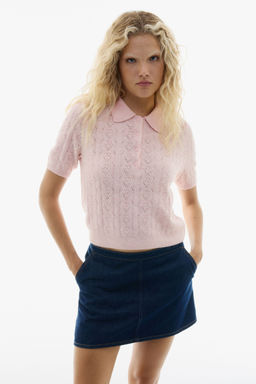 H&M - Women Pink Pointelle-Knit Polo Jumper