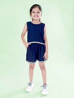 KiddoPanti - Girls Blue Sleeveless Rayon Round Neck Top & Shorts (Set of 2)