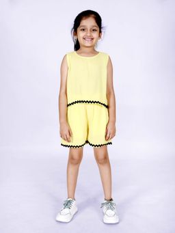 KiddoPanti - Girls Yellow Sleeveless Rayon Round Neck Top & Shorts (Set of 2)