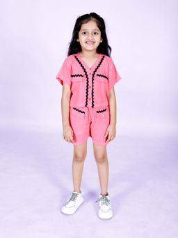 KiddoPanti - Girlss Pink Short Sleeves Rayon V-Neck Top & Shorts (Set of 2)