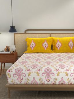 Urban Space - Cotton Bedsheet Double Bed with 2 Pillow Covers - Motif Mustard