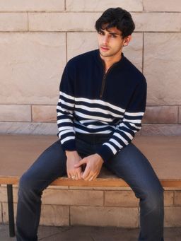 CRIMSOUNE CLUB - Men's Navy Blue Striped Sweater