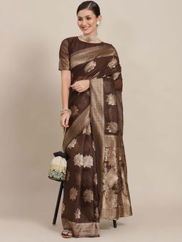 Sareemall - Women Cotton Blend Brown Designer Saree with Unstitched Blouse