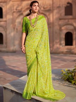Akhilam - Womens Chiffon Lemon Yellow Printed Designer Saree with Unstitched Blouse