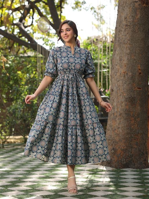 orange blue dress Navy And Orange Printed Maxi Dress With Slits