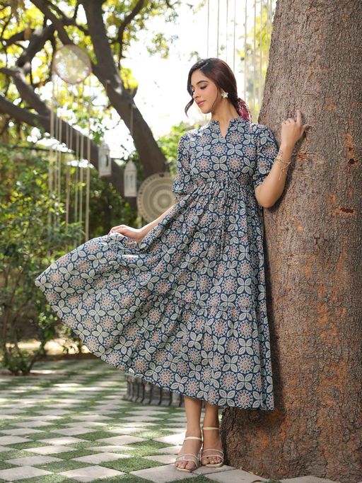 Buy Rain & Rainbow Women Blue Floral Printed Tiered Pure Cotton Midi Dress (S) Online Buy Rain & Rainbow Women Blue Floral Printed Tiered Pure Cotton Midi Dress (S) Online
