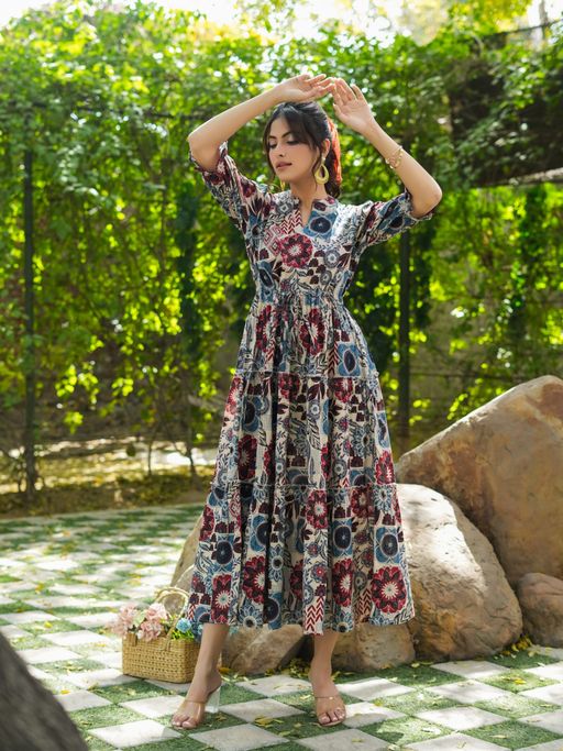 pure cotton dresses for women white christmas dresses Cream-Blue Printed Pure Cotton Dress Material