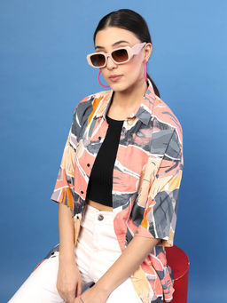 RIGO - Women Pink Foliage Print Oversized Shirt