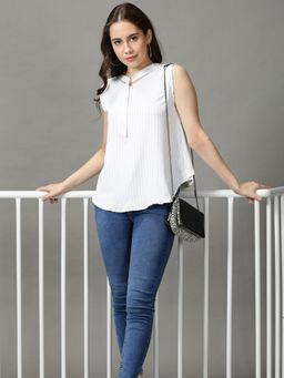 SHOWOFFFF - Womens Sleeveless Tie-up Neck White Striped Top
