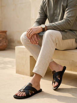 REGAL - Black Men Textured Leather Stylish Sandals